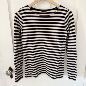 Zara Massimo Dutti Navy & Ivory Striped Boat Neck Long Sleeve Top Size Medium M